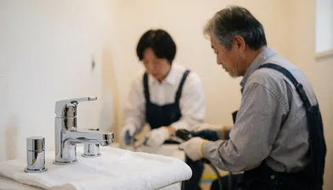 Close-up of a new bathroom faucet on a white towel with workers renovating the bathroom in the background using tools.