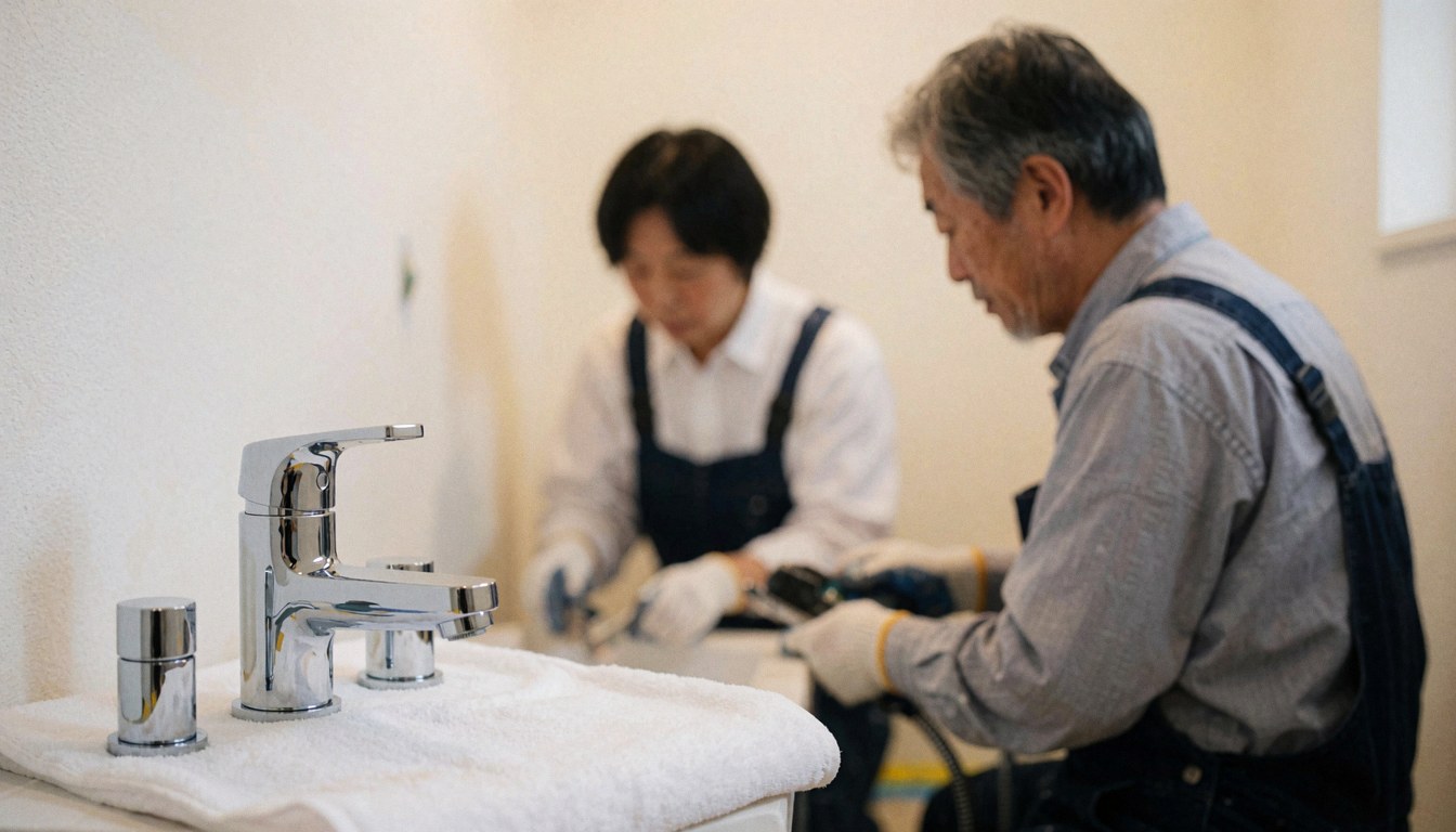 Close-up of a new bathroom faucet on a white towel with workers renovating the bathroom in the background using tools.
