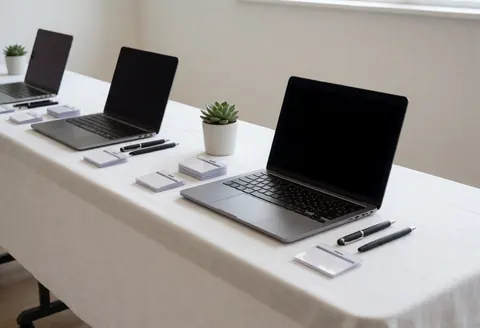 Neat registration desk setup featuring laptops, potted plants, and accessories prepared for a conference event