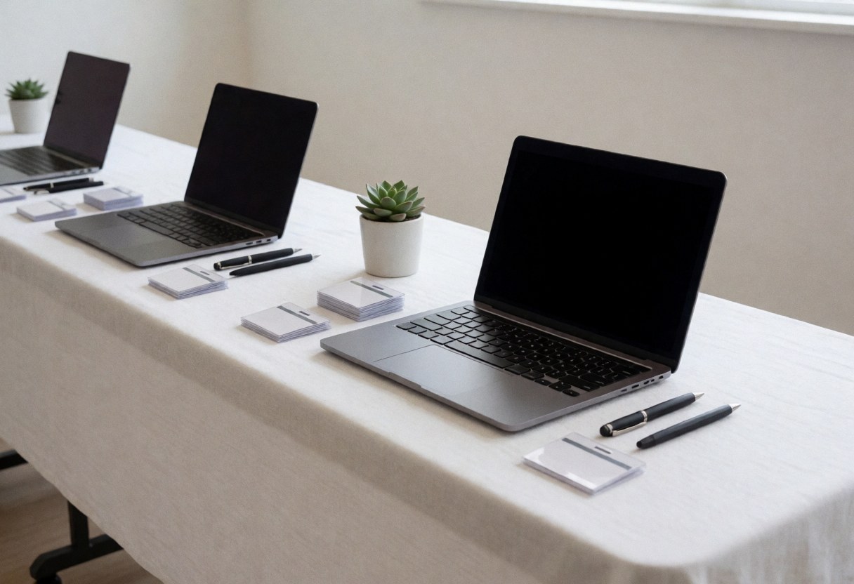 Neat registration desk setup featuring laptops, potted plants, and accessories prepared for a conference event
