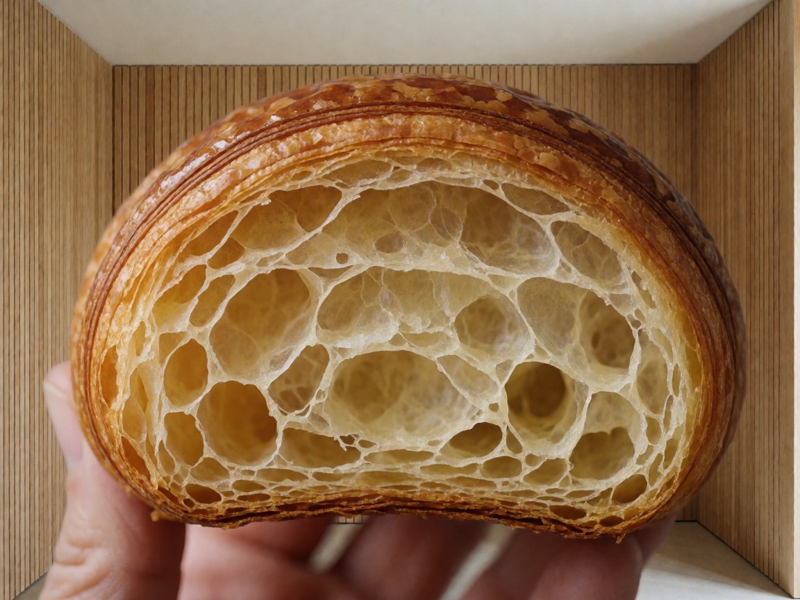 Cross section of a croissant with visible layers held by a hand against a light wood background, ideal for bakery product photography