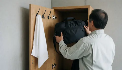 A man places a black sports backpack into a wooden locker with a white towel hanging nearby in a concrete-walled room.