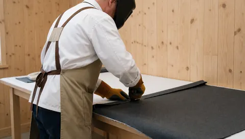 A worker wearing an apron cuts dark fabric on a work table in a wooden-walled furniture repair shop
