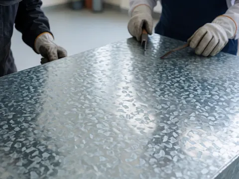 Gloved hands handling a textured galvanized metal plate in an industrial workshop setting.
