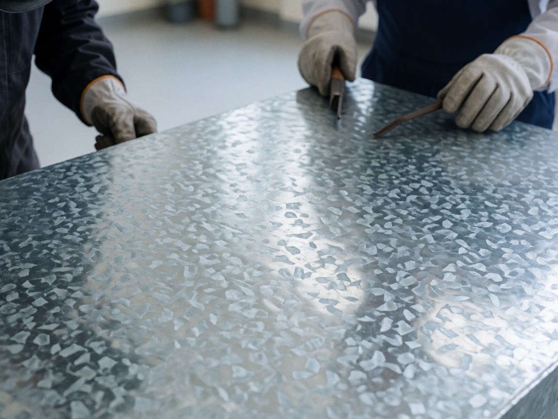 Gloved hands handling a textured galvanized metal plate in an industrial workshop setting.