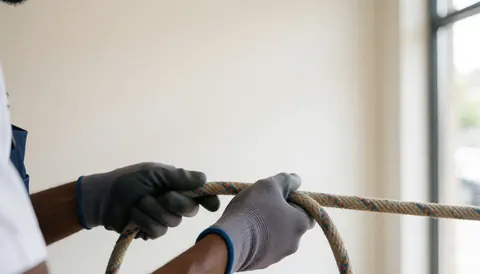 Close-up of gloved hands holding a thick climbing rope in a well-lit indoor space, illustrating safety and technique for rock climbing coaches.