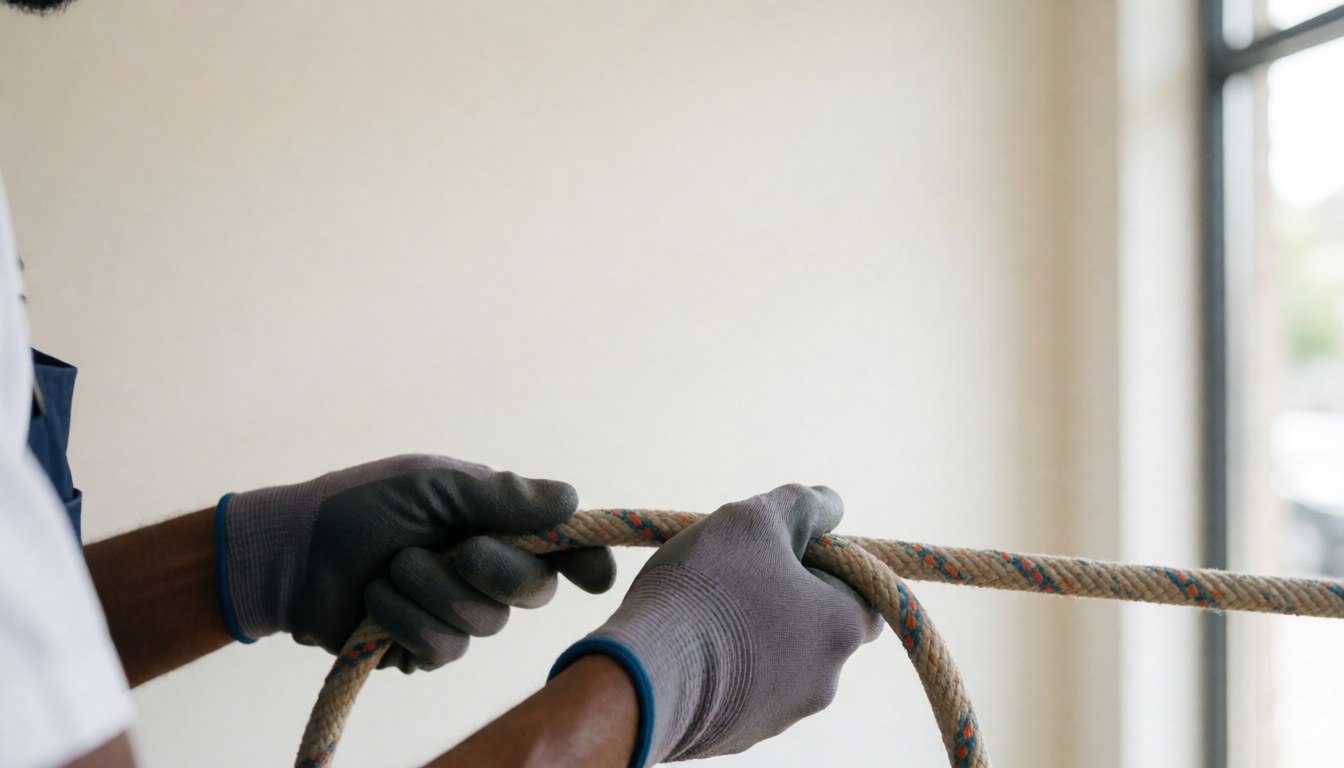 Close-up of gloved hands holding a thick climbing rope in a well-lit indoor space, illustrating safety and technique for rock climbing coaches.