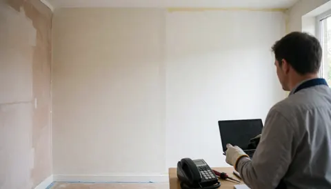 Professional inspecting a wall finish using a computer, phone, and tools in a naturally lit room.