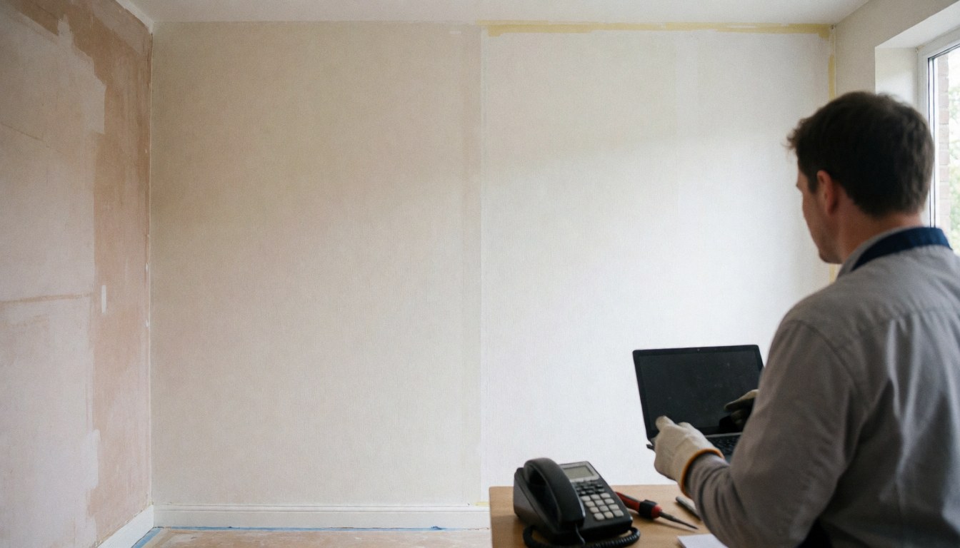 Professional inspecting a wall finish using a computer, phone, and tools in a naturally lit room.