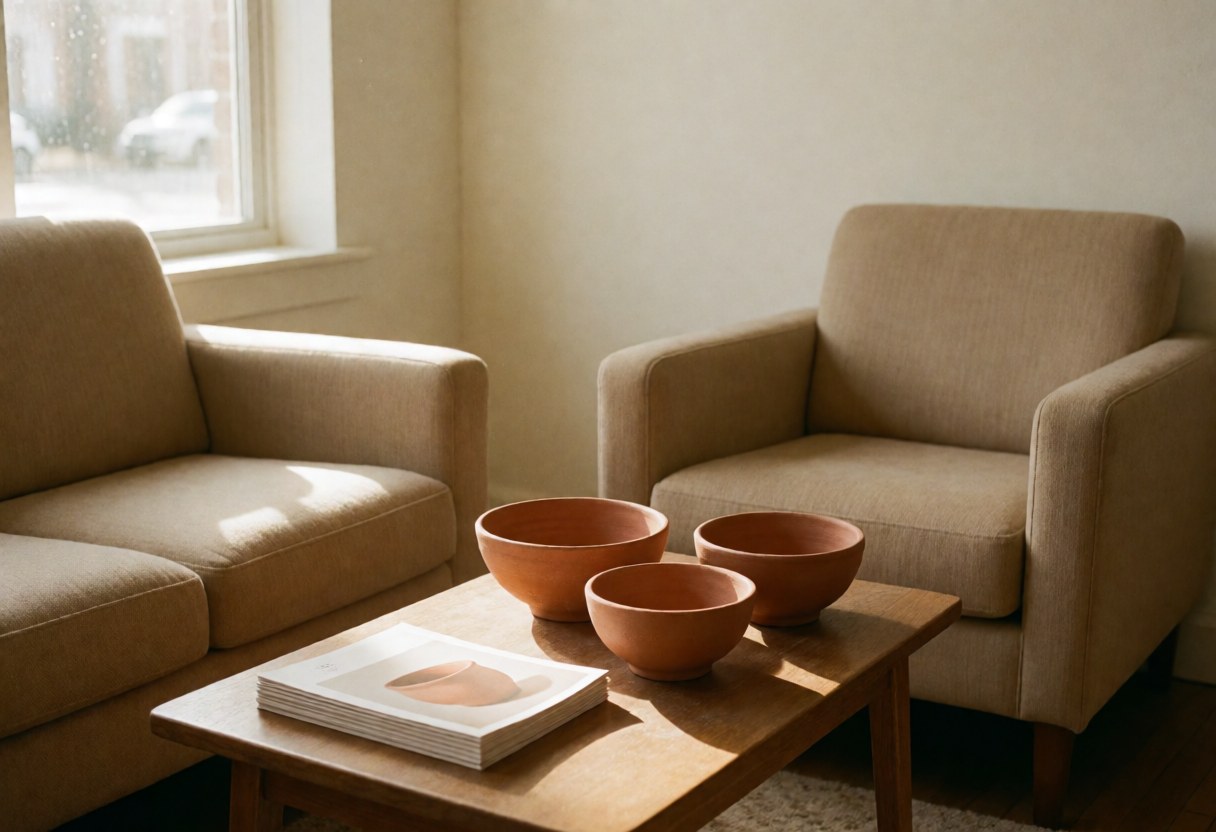 Upholstered armchairs and a wooden table with clay bowls and brochures in a pottery workshop waiting room