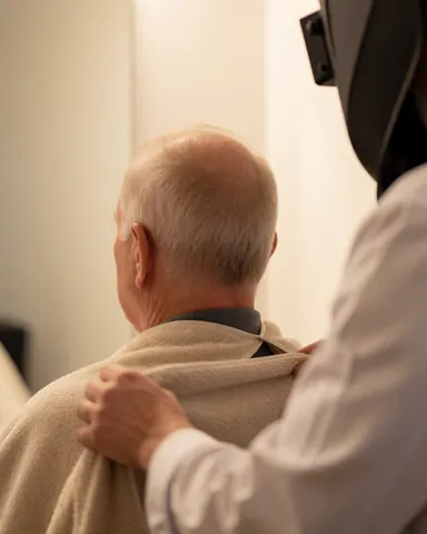 A specialist carefully adjusts a towel over a client's shoulders while they look in the mirror during a microblading session.