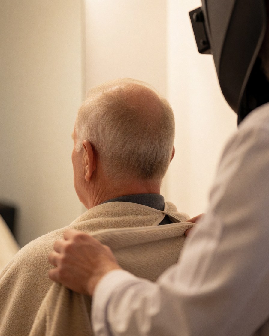 A specialist carefully adjusts a towel over a client's shoulders while they look in the mirror during a microblading session.