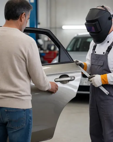 A satisfied client checks the finish of a newly painted car door at a welding shop, with a technician wearing a helmet and using a measuring tool nearby.