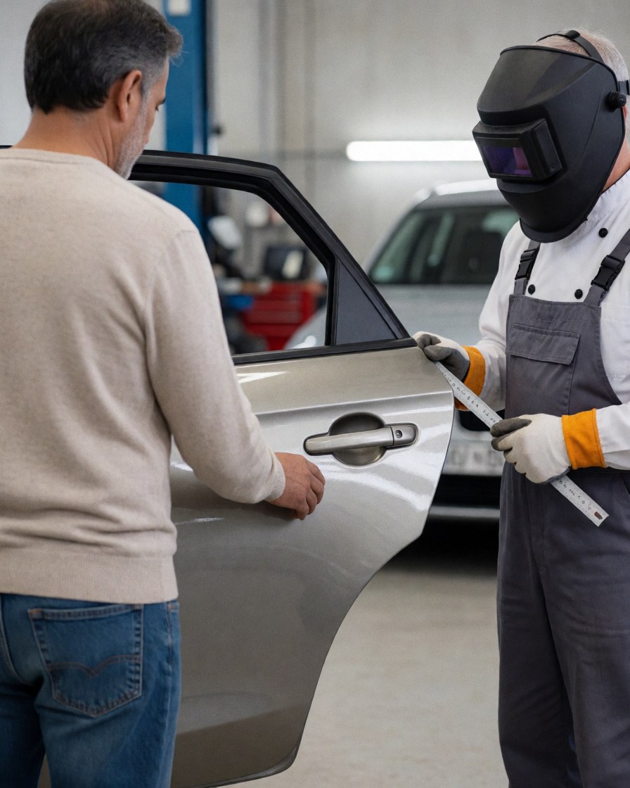 A satisfied client checks the finish of a newly painted car door at a welding shop, with a technician wearing a helmet and using a measuring tool nearby.