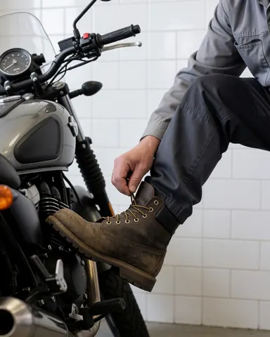 Close-up of a hand tightening the laces on a work boot while standing next to a motorcycle, with a white tiled wall in the background.