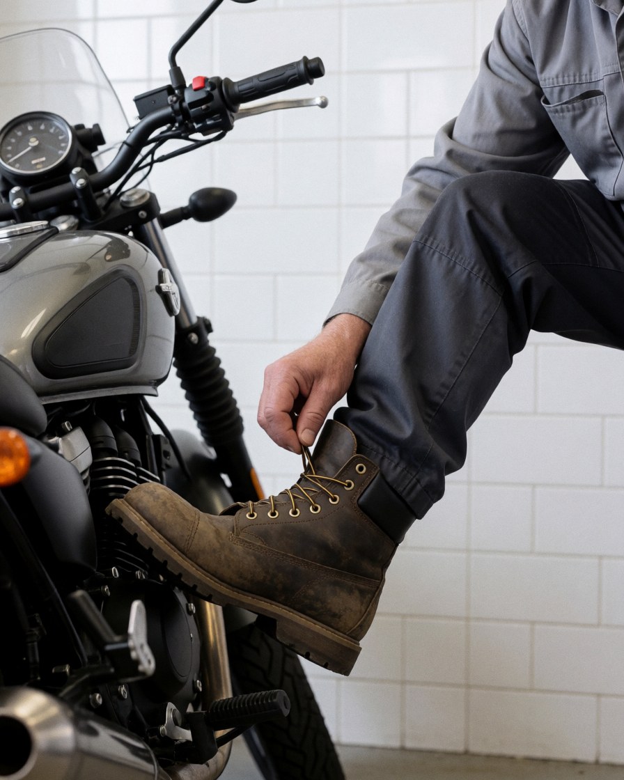 Close-up of a hand tightening the laces on a work boot while standing next to a motorcycle, with a white tiled wall in the background.