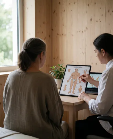 A therapist points to reflexology zones on a foot chart while speaking with a seated client in a wood-paneled room with natural light.