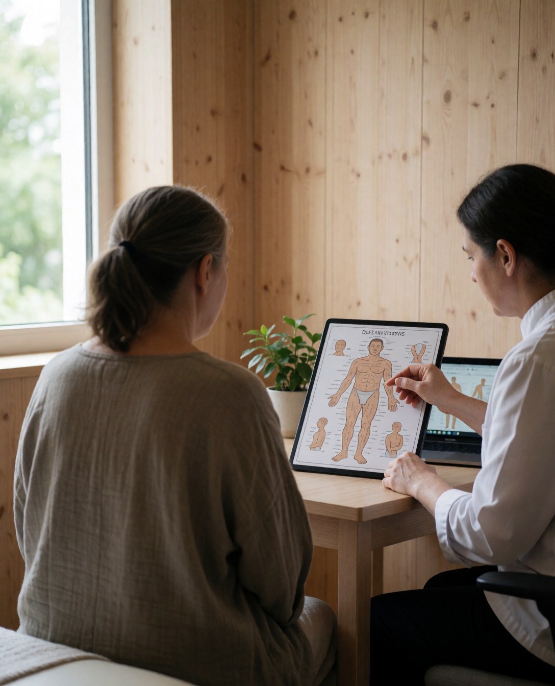 A therapist points to reflexology zones on a foot chart while speaking with a seated client in a wood-paneled room with natural light.