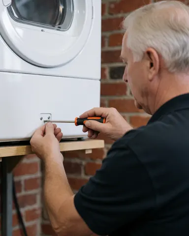Technician using screwdriver to adjust a screw on a white dryer during a home appliance repair service.
