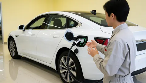 Salesperson connects charging cable to white electric sedan in modern showroom with polished floor and light yellow walls