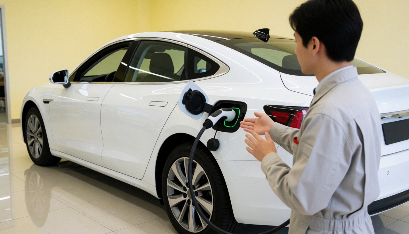 Salesperson connects charging cable to white electric sedan in modern showroom with polished floor and light yellow walls