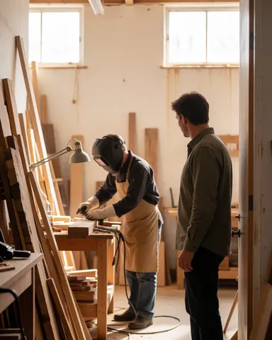 A carpenter wearing a welding helmet works with wooden boards in a workshop while a client observes from the doorway. White walls and natural light fill the space.