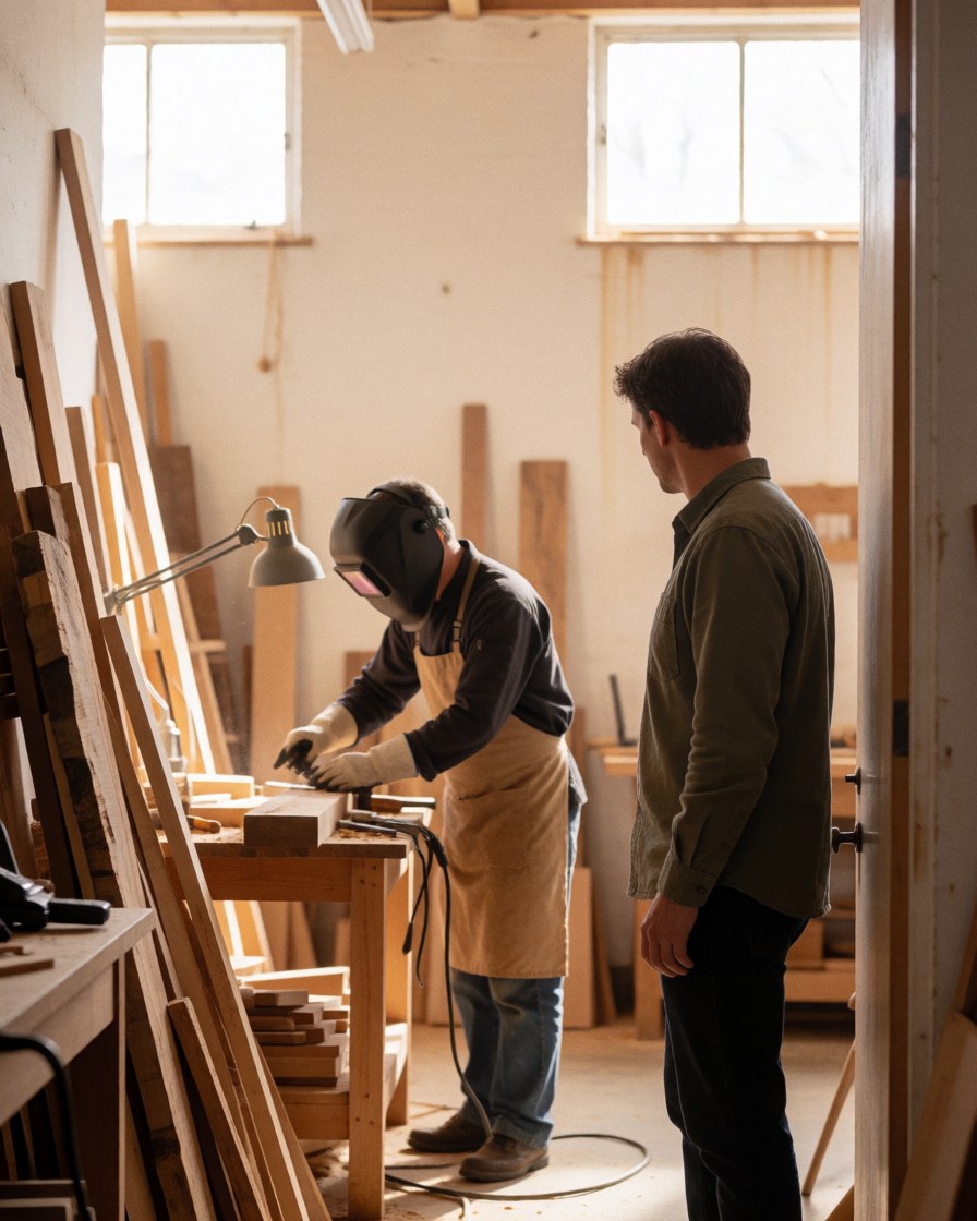 A carpenter wearing a welding helmet works with wooden boards in a workshop while a client observes from the doorway. White walls and natural light fill the space.