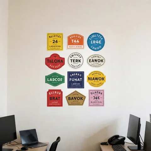 Vibrant and organized graphic printing labels displayed on a clean white background, ideal for design business branding.