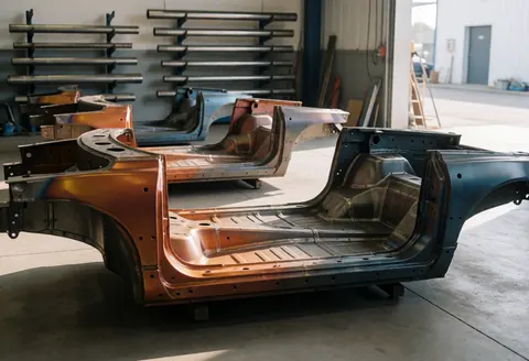 Automotive chassis undergoing industrial welding, showing thermal color gradients in a workshop with metal pipe racks in the background.