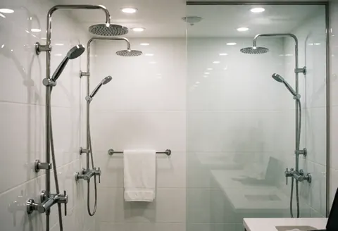 Spa bathroom featuring two shower cabins with stainless steel fixtures, white walls, and a hanging white towel, suitable for wellness centers.