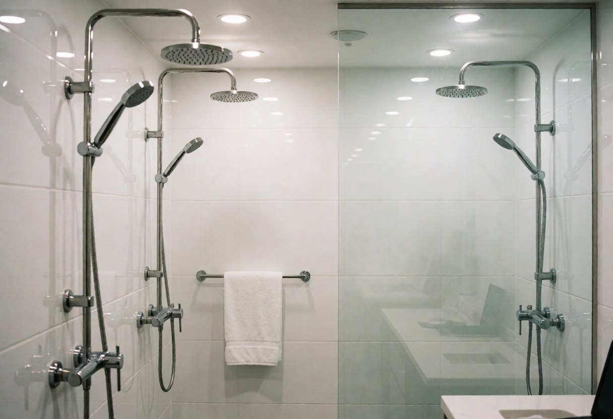 Spa bathroom featuring two shower cabins with stainless steel fixtures, white walls, and a hanging white towel, suitable for wellness centers.
