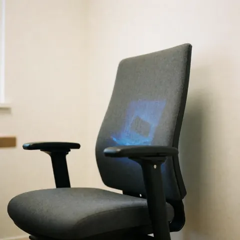Modern office chair with black frame and gray upholstery, featuring blue light reflection on the back, in a room with warm white walls.