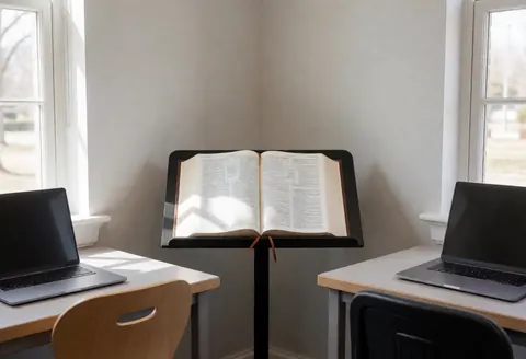 Open bilingual book on a central stand, two laptops on tables with natural light, light gray walls, quiet atmosphere for studying Spanish.