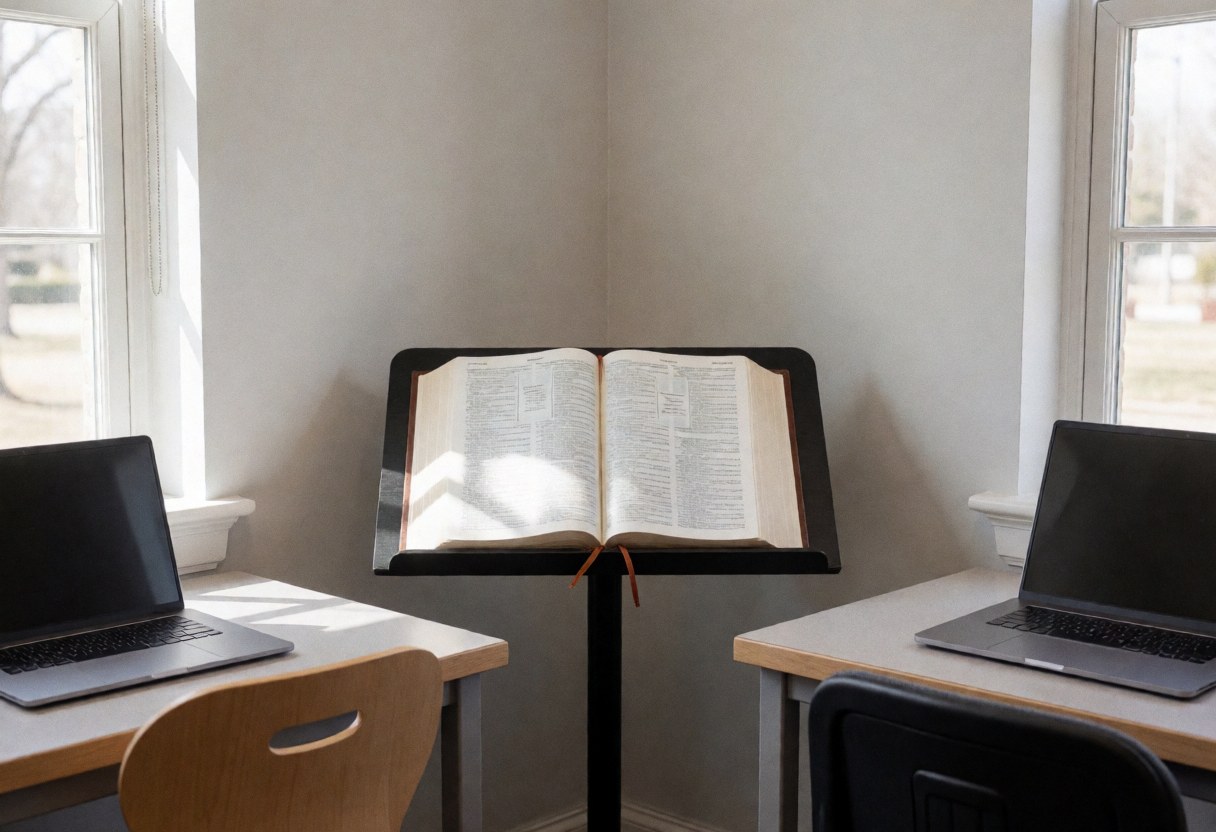 Open bilingual book on a central stand, two laptops on tables with natural light, light gray walls, quiet atmosphere for studying Spanish.