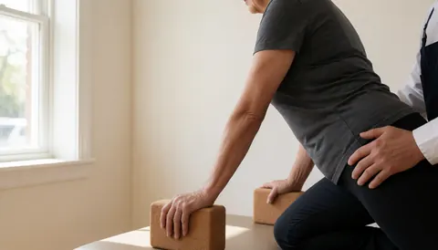 A client performing a yoga pose with cork blocks while a personal trainer assists nearby in a bright room with light walls