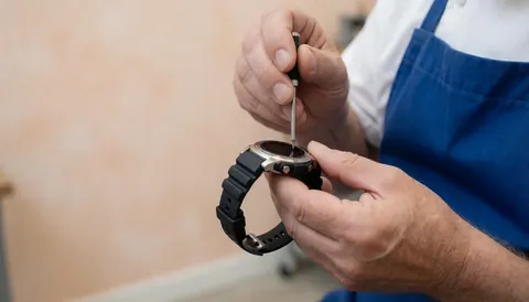 Technician repairing a digital watch with a screwdriver in a workshop with terracotta walls.