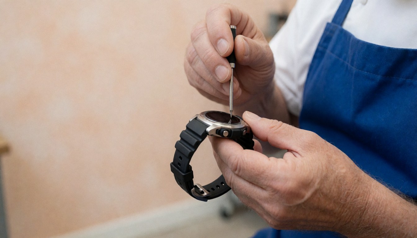 Technician repairing a digital watch with a screwdriver in a workshop with terracotta walls.