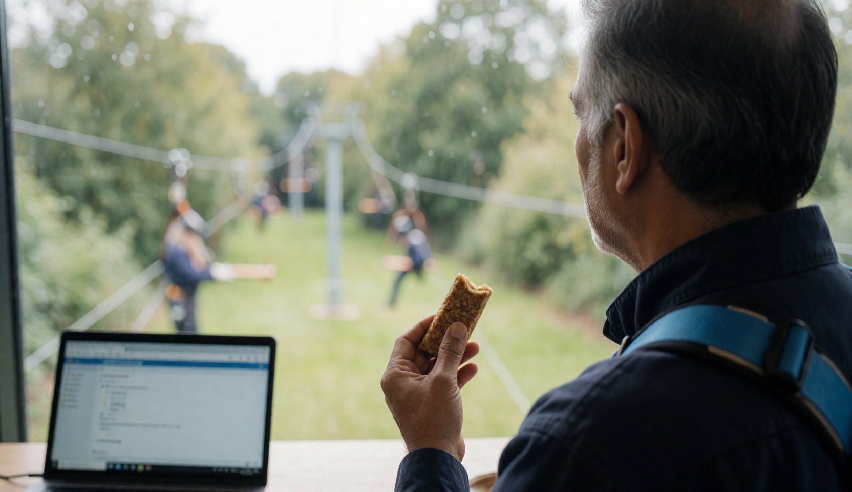 A man wearing a blue harness looks at a zipline while holding an energy bar, with a laptop on the table nearby.