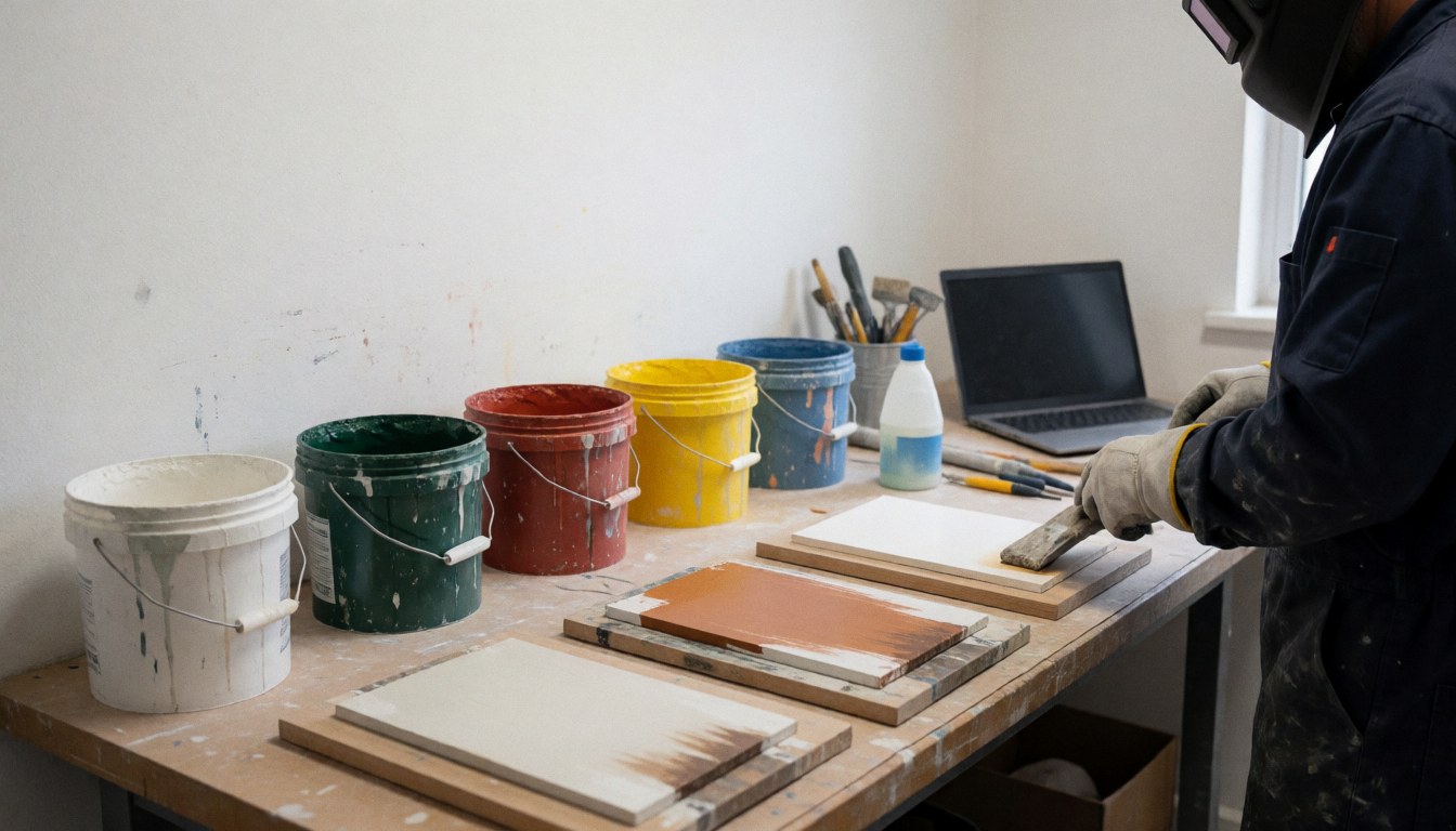 Professional applying decorative paint to sample boards with colorful buckets and a laptop on the work table