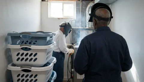 A technician welds a large heating unit in a naturally lit basement, with laundry baskets visible in the foreground.