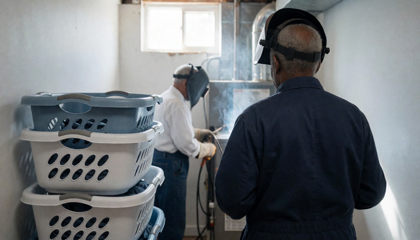 A technician welds a large heating unit in a naturally lit basement, with laundry baskets visible in the foreground.