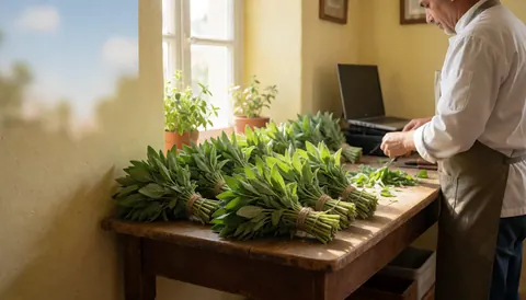 Hands arranging fresh rue herbs on a rustic wooden surface in a warmly lit traditional herbal shop setting