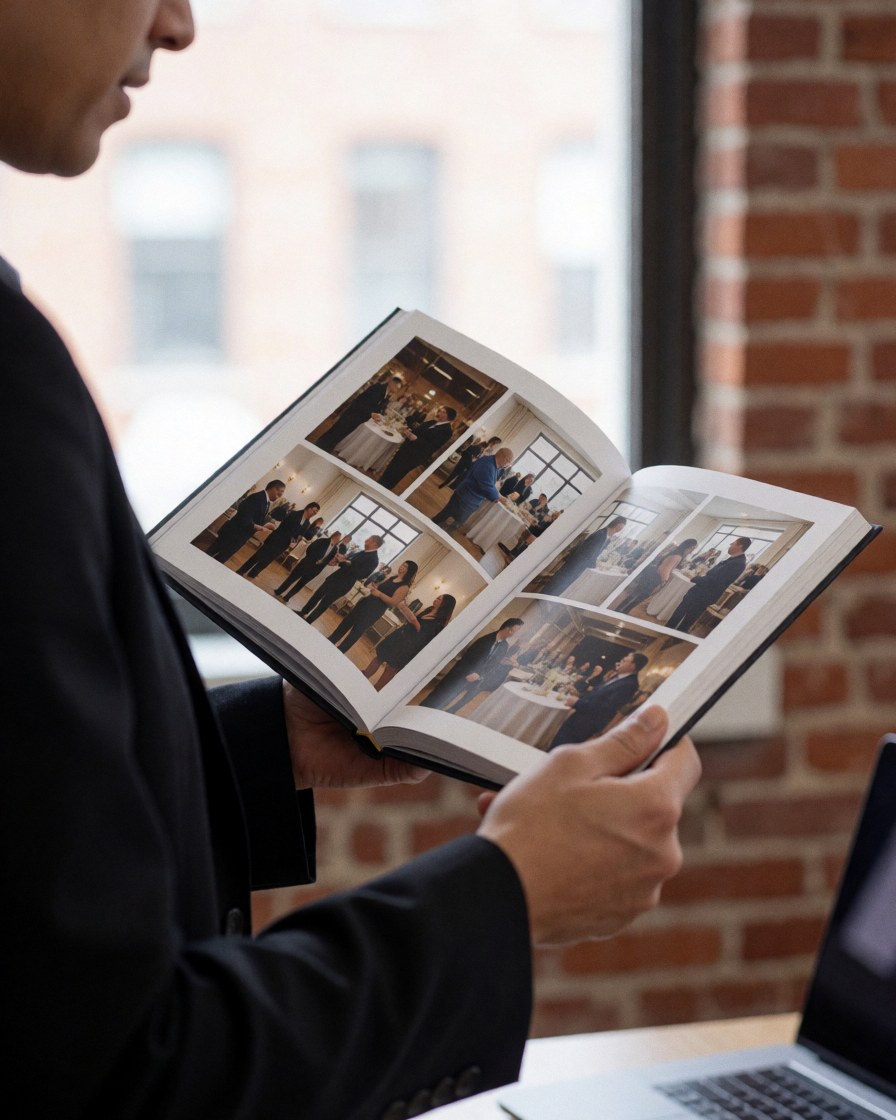 A satisfied customer examines a photo album in an office with a brick wall, viewing images from a reception.