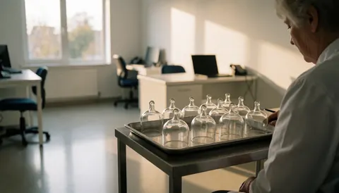 A professional therapist performing cupping therapy in a clean, well-lit clinic setting for physiotherapy services