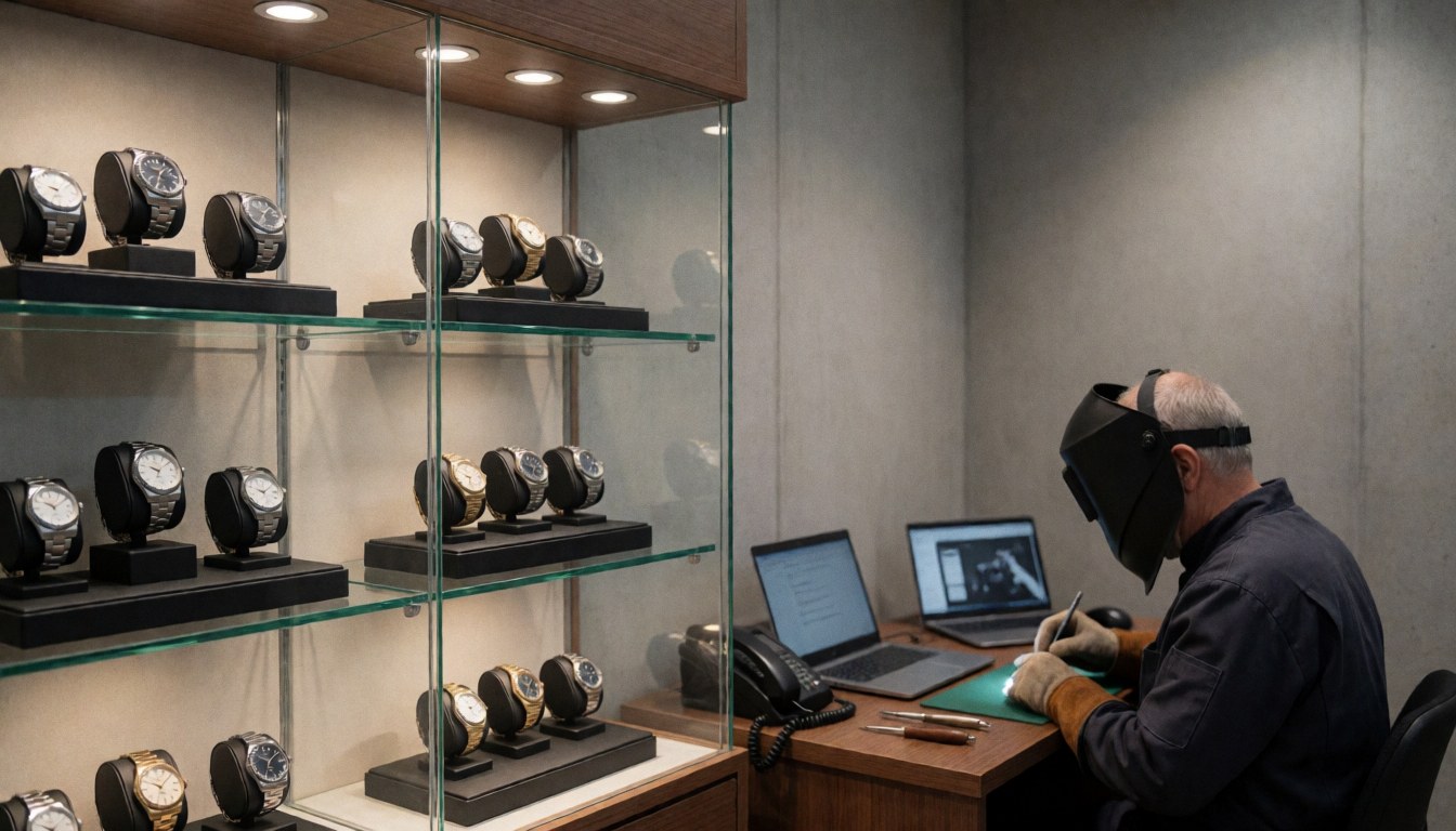 A watchmaker wearing a protective mask works at a bench in a workshop with luxury watch display cases in the background
