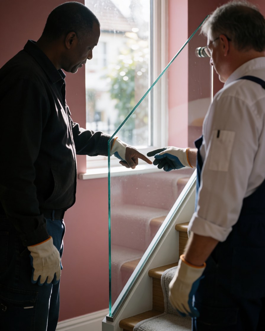Workers installing a glass railing on a staircase with pink walls and natural light, showing the metal base detail.