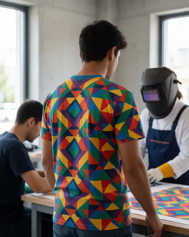 A smiling customer tries on a freshly printed t-shirt inside a textile printing workshop with natural light and concrete walls.
