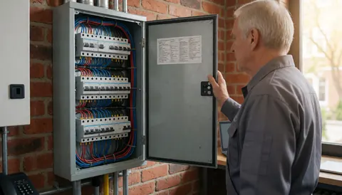 Technician checking an open electrical panel with organized wires against a brick wall for residential service