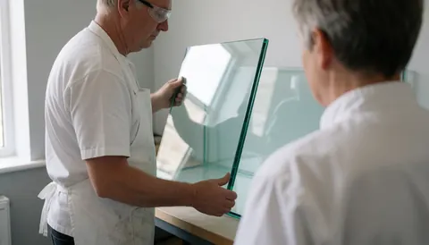A glazier wearing safety glasses holds a thick glass panel while a client observes in a workshop with light gray walls.
