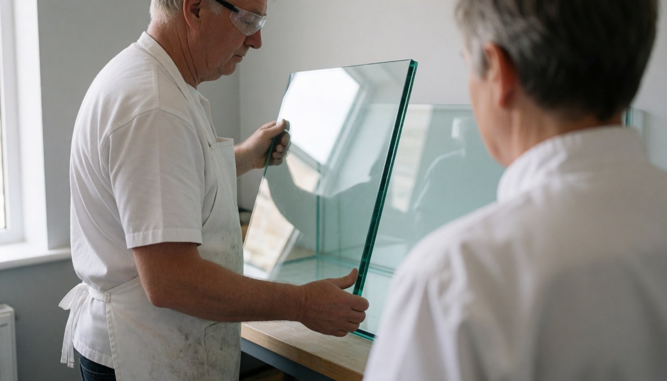 A glazier wearing safety glasses holds a thick glass panel while a client observes in a workshop with light gray walls.